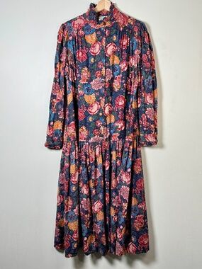 Vintage 80s Laura Ashley Navy Floral Maxi Dress Made in USA Sz L (12-14)